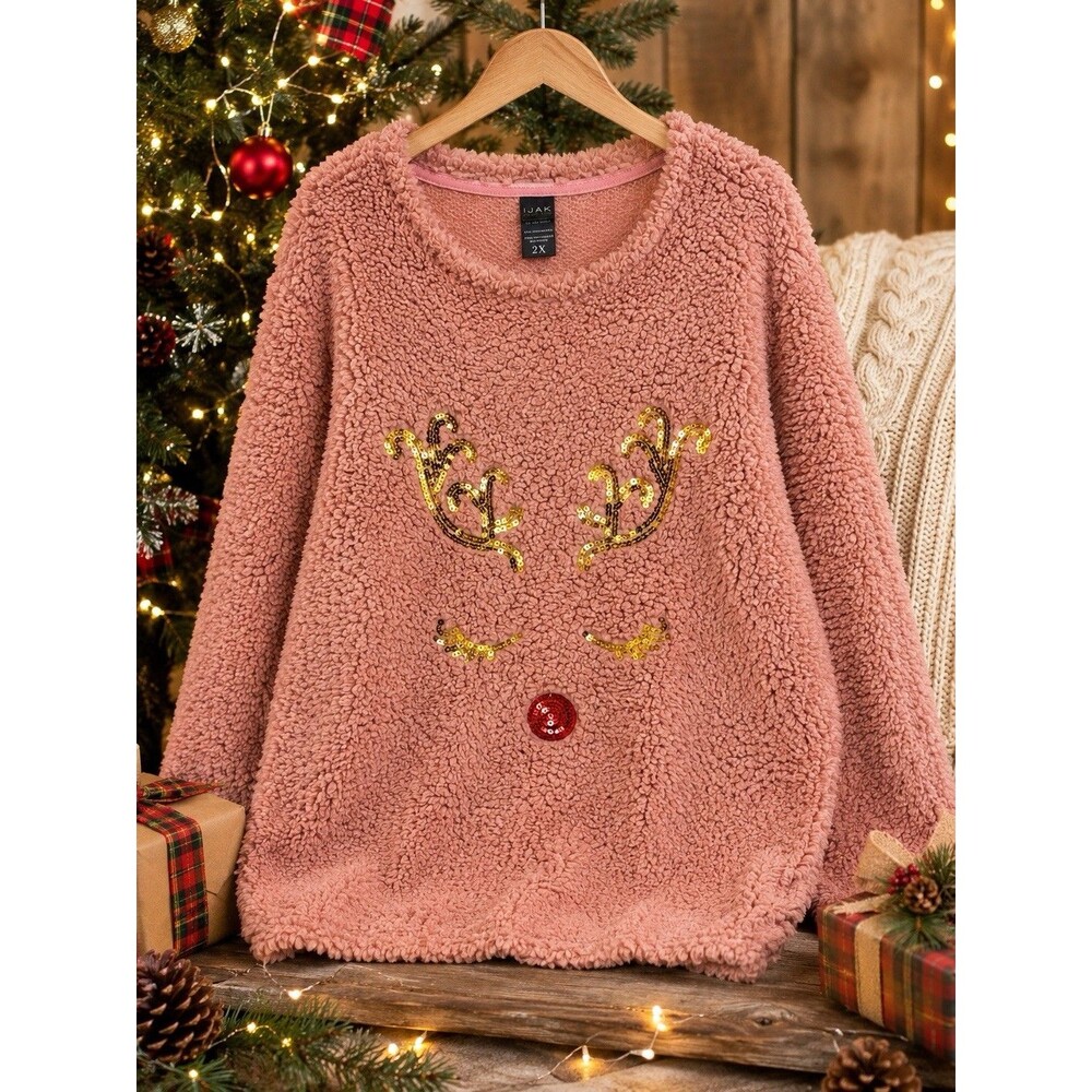 IJAK 2X Pink Sherpa Reindeer Sequin Christmas Pullover Fleece Cozy Plush Top